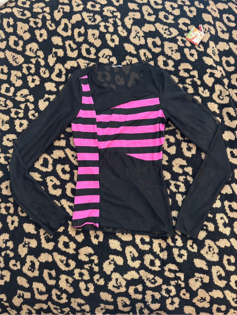 VINTAGE Black & Hot Pink Striped mesh Top